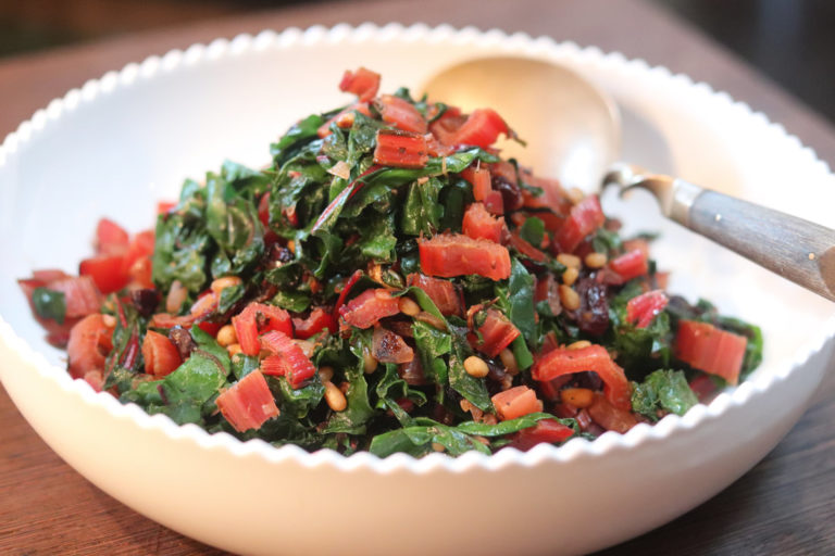 Savory Swiss Chard with Pine Nuts and Cranberries using Healthy on You Thyme in Tuscany